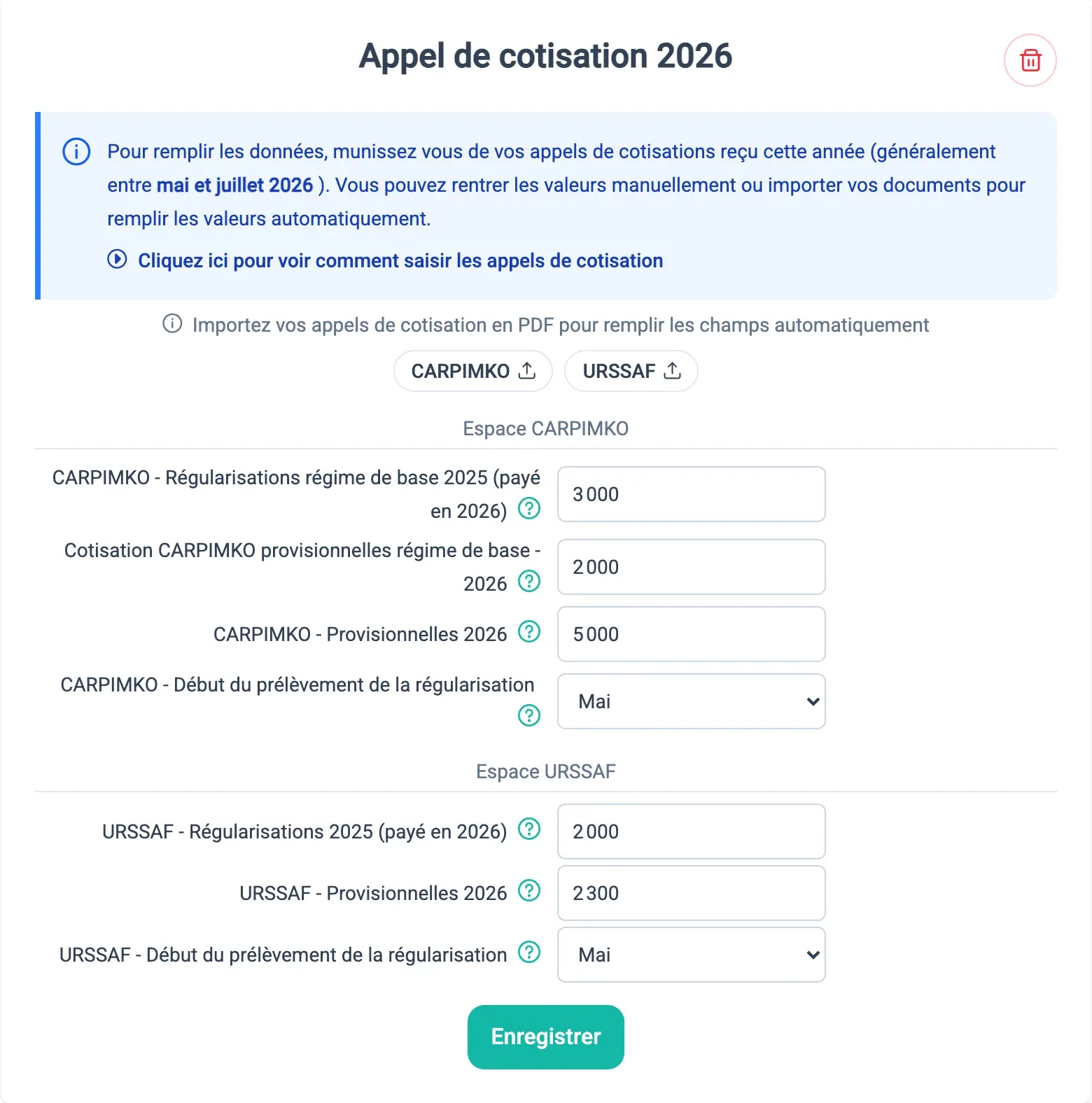 Écran Appel de cotisation 2026 avec les boutons d'import PDF et les champs CARPIMKO et URSSAF