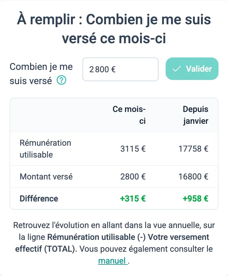 Bloc À remplir : Combien je me suis versé ce mois-ci