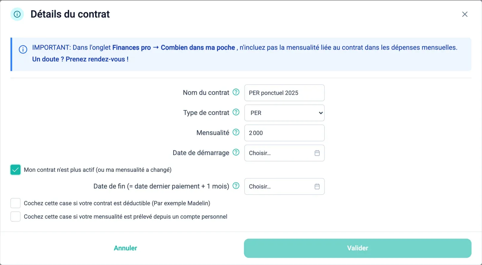 Formulaire Détails du contrat avec la case Mon contrat n'est plus actif cochée et le champ Date de fin