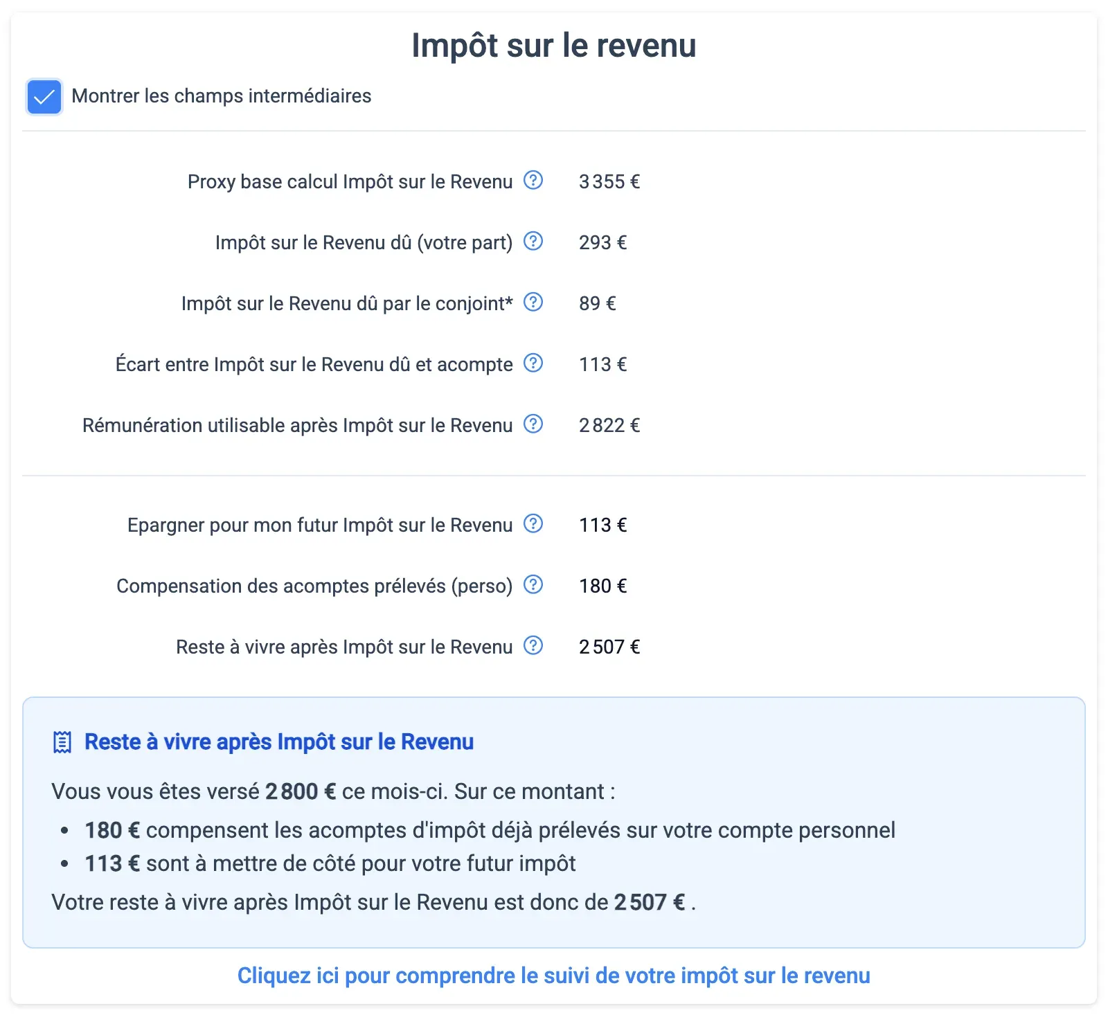 Carte Impôt sur le revenu avec les champs intermédiaires