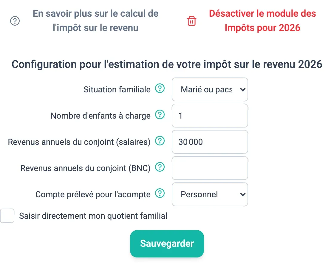 Formulaire de configuration de l'impôt sur le revenu