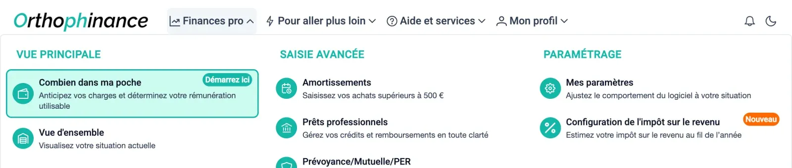 Entrée Configuration de l'impôt sur le revenu dans le menu Finances pro