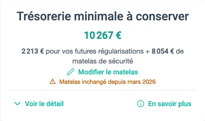 Bloc Trésorerie minimale à conserver avec le message Matelas inchangé depuis mars 2026