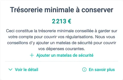 Bloc Trésorerie minimale à conserver sans matelas, avec le lien Ajouter un matelas de sécurité