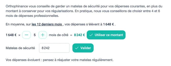 FenĂȘtre Matelas de sĂ©curitĂ© : 1 648 ⏠de dĂ©penses moyennes multipliĂ©es par 5 mois de cĂŽtĂ©, soit 8 242 âŹ, et le bouton Utiliser ce montant