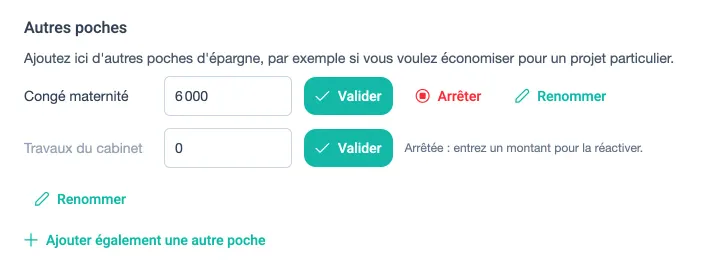 Poche Travaux du cabinet arrĂȘtĂ©e, Ă 0 âŹ, avec le message ArrĂȘtĂ©e : entrez un montant pour la rĂ©activer