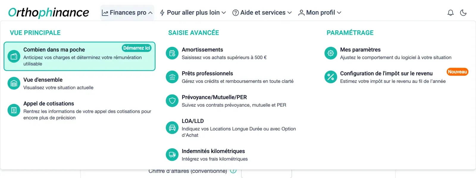 Menu Finances pro, colonne Paramétrage