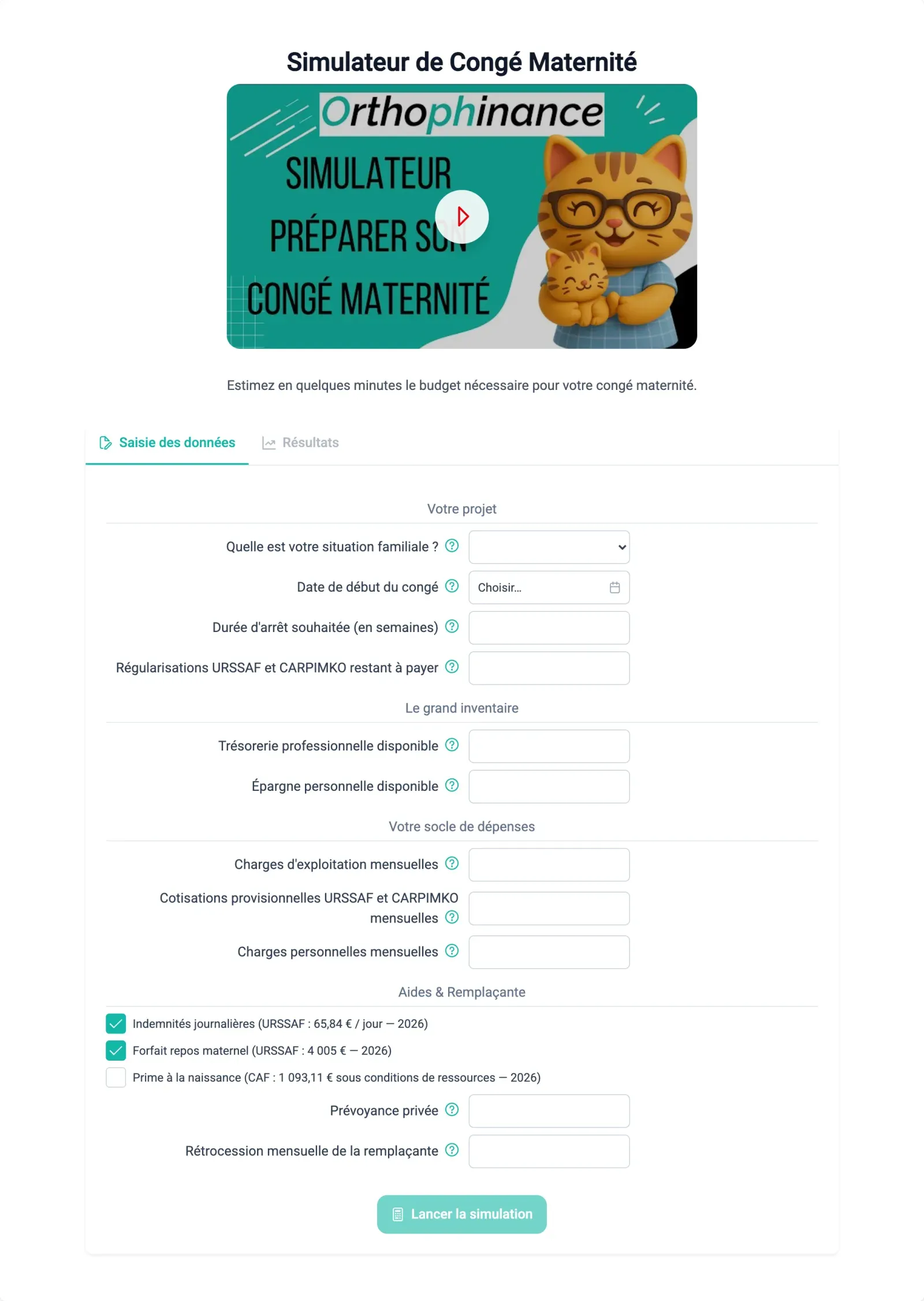 Simulateur de congé maternité, onglet Saisie des données