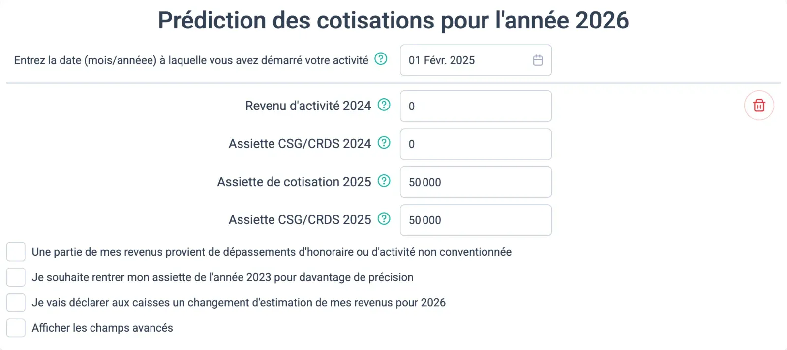 Formulaire Prédiction des cotisations pour l'année 2026