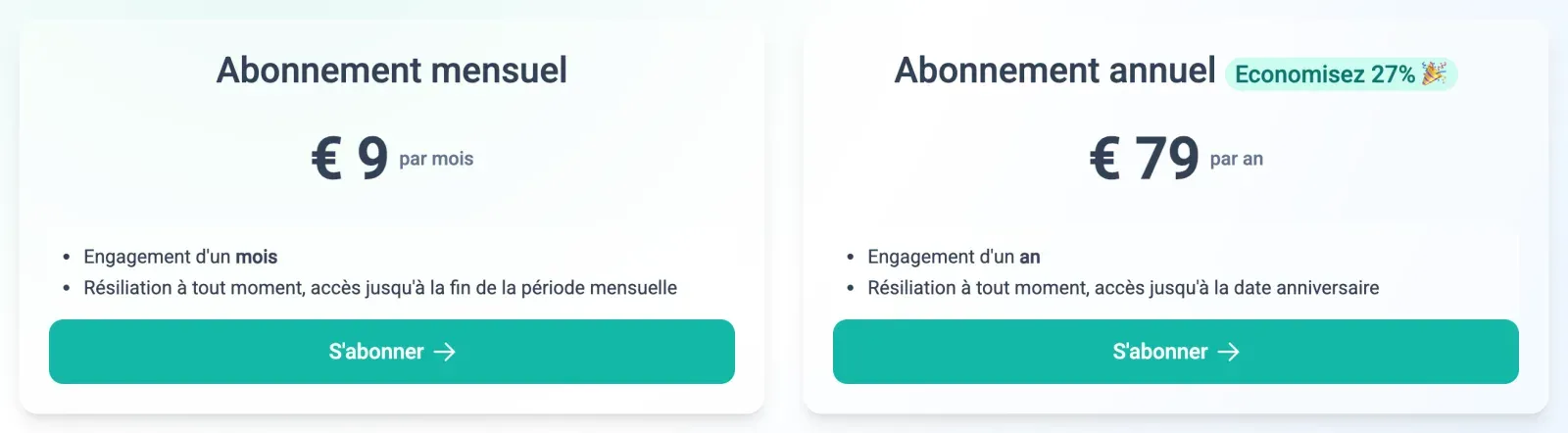 Page des tarifs