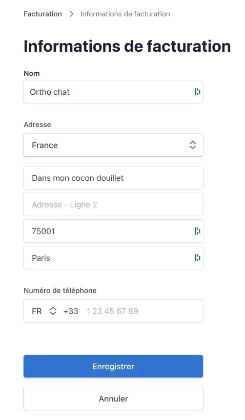 Formulaire de mise à jour des informations de facturation