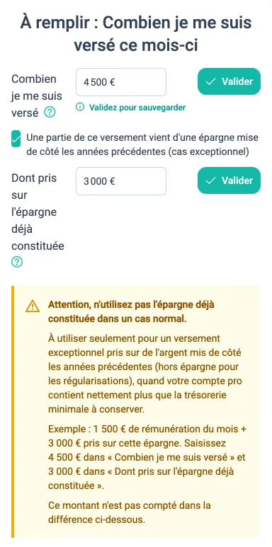 Saisie de 4 500 € dans Combien je me suis versé, case cochée et 3 000 € dans Dont pris sur l'épargne déjà constituée
